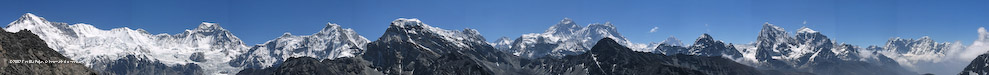 View from Gokyo Ri: from left to right:Cho Oyu, Ngozumba Kang, Ghyachung Kang,Karmo Chotal, Chumbu,Pumori, Khumbutse, Changtse,Everest (8850 m), Nuptse (7879 m) and Lhotse (8511 m)., Makalu, Cholatse (6440 m) and Taboche (6542 m), Ama Dablam, Kang Tega Peaks and Thamserku all can be seen