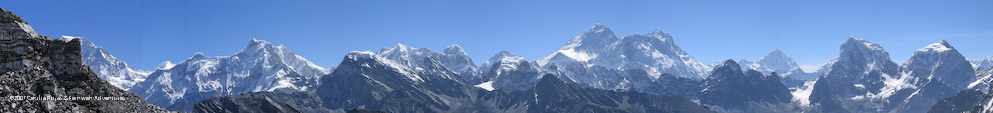 View from Gokyo Ri. From left to right: Karmo Chotal, Chumbu,Pumori, Khumbutse, Changtse,Everest (8850 m), Nuptse (7879 m) and Lhotse (8511 m)., Makalu, Cholatse (6440 m) and Taboche (6542 m)