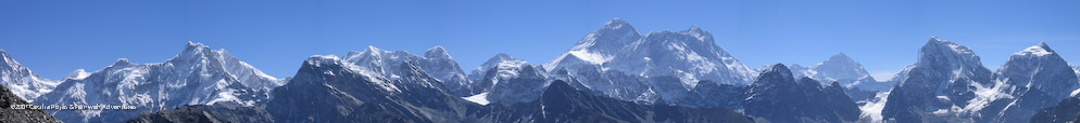 View from Gokyo Ri. From left to right: Karmo Chotal, Chumbu,Pumori, Khumbutse, Changtse,Everest (8850 m), Nuptse (7879 m) and Lhotse (8511 m)., Makalu, Cholatse (6440 m) and Taboche (6542 m)
